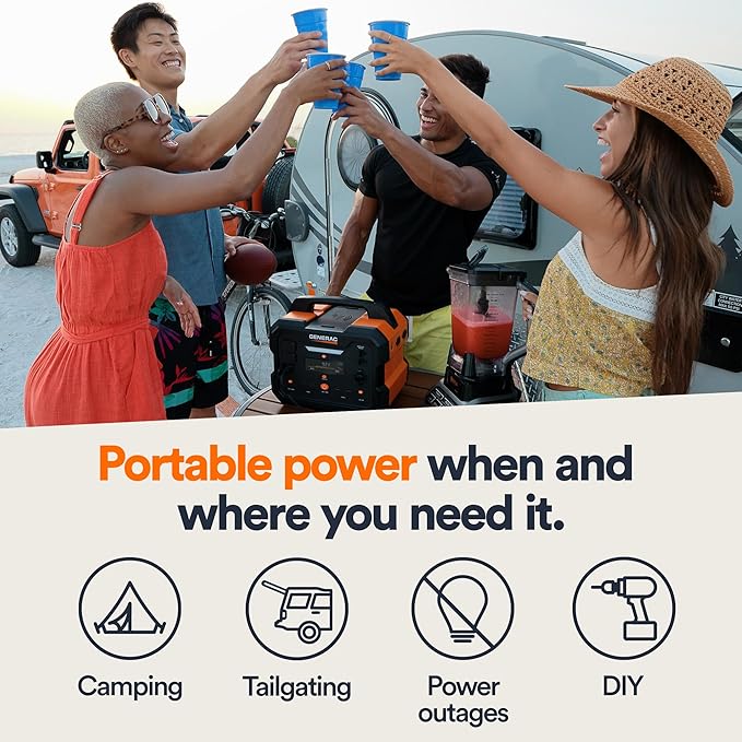 Generac 1086Wh Portable Power Station with Lithium-Ion Battery - Clean Emission-Free Power - Wirless Charging Pad and Compact Design - Camping RV Indoor/Outdoor Use - Orange/Black