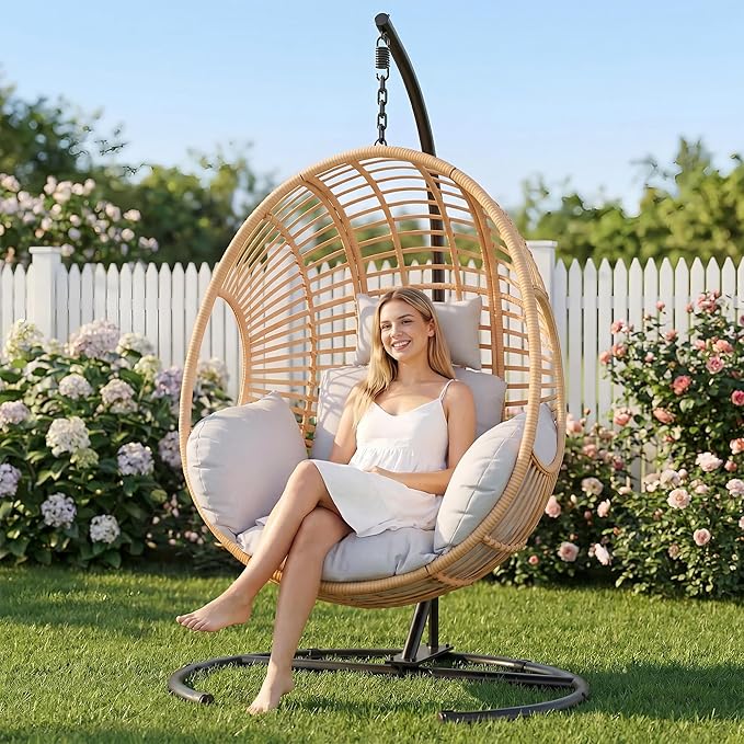 Oversized Hanging Egg Chair Outdoor Indoor Wicker Swing Egg Chair with Stand 400lbs Capacity for Bedroom Patio Garden and Balcony (Beige-Regular Oversize)