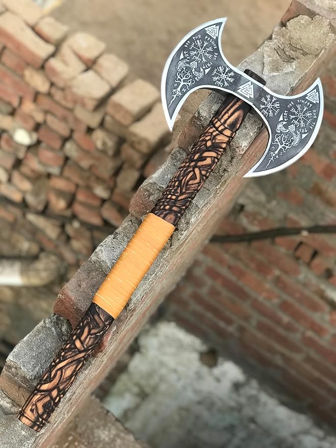 Medieval Viking Double Headed Axe – Double Sided Axe - Full Engraved Beautiful BattleVikings Twin Blades Authentic Two Sided Hatchet Norse Berserker Ax Carved Shaft with Leather Sheath