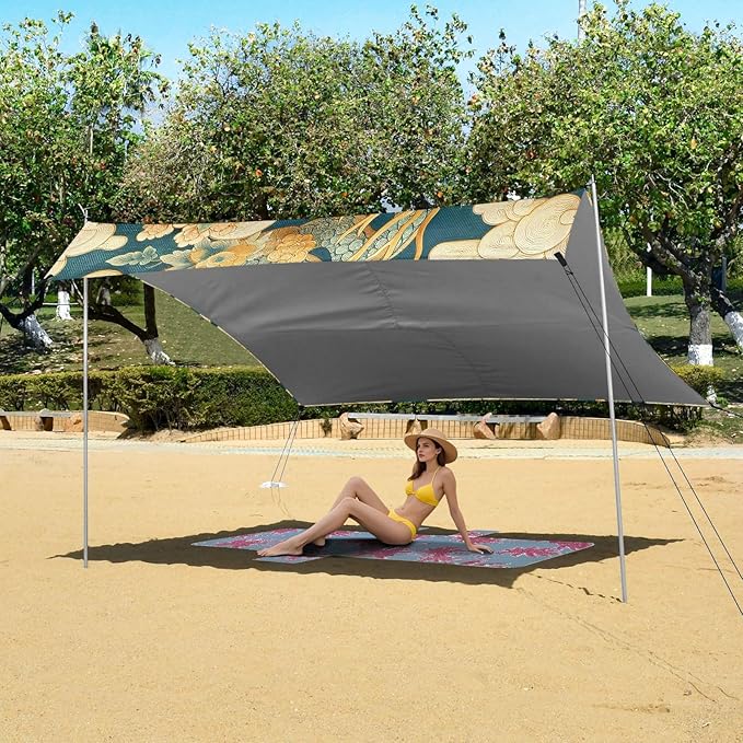 Golden Dragon Flying Peony Cloud Beach Tent Sun Shelter Set UPF50+ UV Protection 10.5 x 9.19 FT Camping Shade Canopy with Sandbags Sand Anchors Carrying Bag and Others