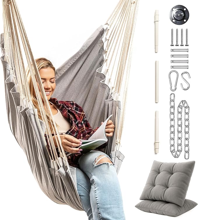 Hanging Hammock Chair Swing – Hanging Chair Outdoor &amp Indoor - Hammock Swing Chair – Quick &amp Easy Setup with Hardware Kit – Durable &amp Spacious Full Body Support with 2 Plush Cushions – Hol