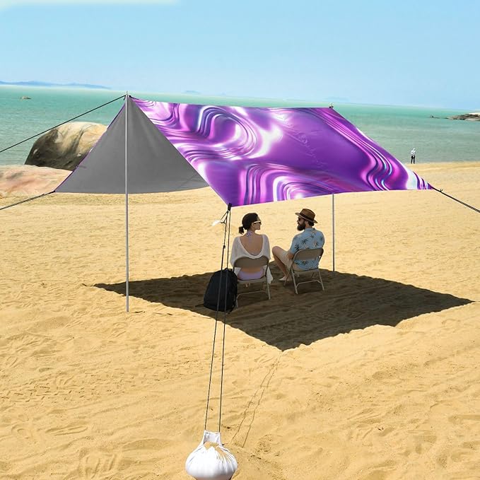 Beach Canopy with Windproof Ropes &amp Sandbags Beach Tent Sun Shade Sun Shelter for Camping Trips Fishing Backyard Fun or Picnics Purple Texture