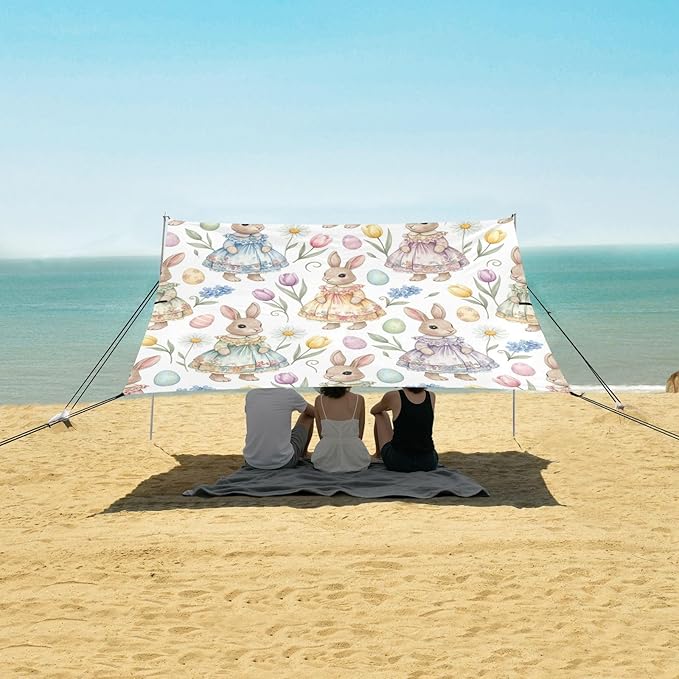 xigua Easter Bunny Beach Tent Sun Shelter with Carrying Bag - Silver Coated Oxford Fabric Beach Canopy for Beach Camping Fishing - Includes Windproof Ropes Sandbags &amp Stakes