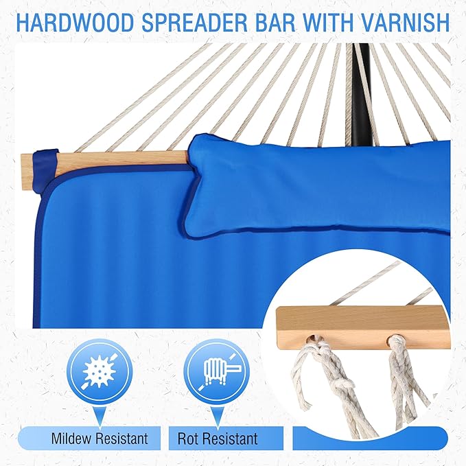 MUPATER 12FT Double Hammock with Stand Included 2 Person Hammock Outdoor Quilted Hammock with Stand Rope Hammock with Pad and Pillow hamacas para adultos Dark Blue