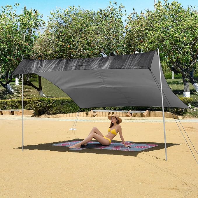 Highland Cattle Staring Beach Tent Sun Shelter Set UPF50+ UV Protection 10.5 x 9.19 FT Camping Shade Canopy with Sandbags Sand Anchors Carrying Bag and Others