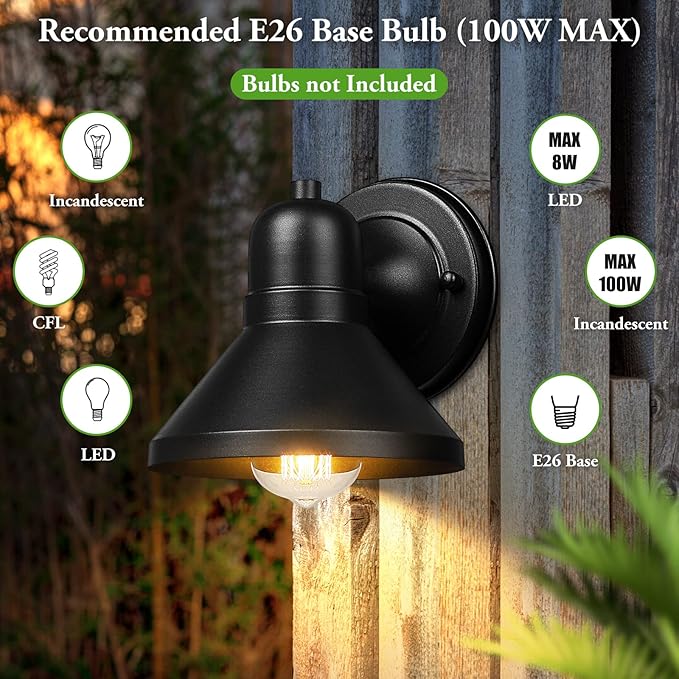 Brightever Outdoor Lanterns 2-Pack Exterior Light Fixtures Waterproof Anti-Rust Black Wall Mount Lights Small E26 Socket Outside Lights for House Front Porch Playhouse Garage