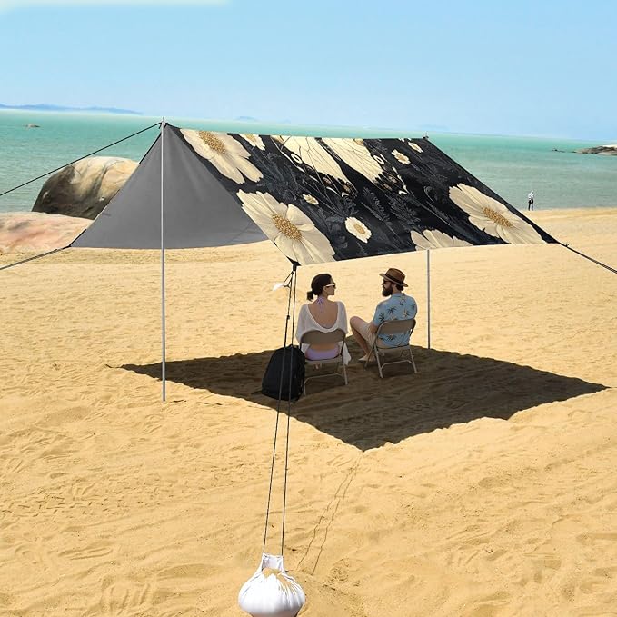 Butterfly and Flowers White Beach Tent Sun Shelter Set UPF50+ UV Protection 10.5 x 9.19 FT Camping Shade Canopy with Sandbags Sand Anchors Carrying Bag and Others