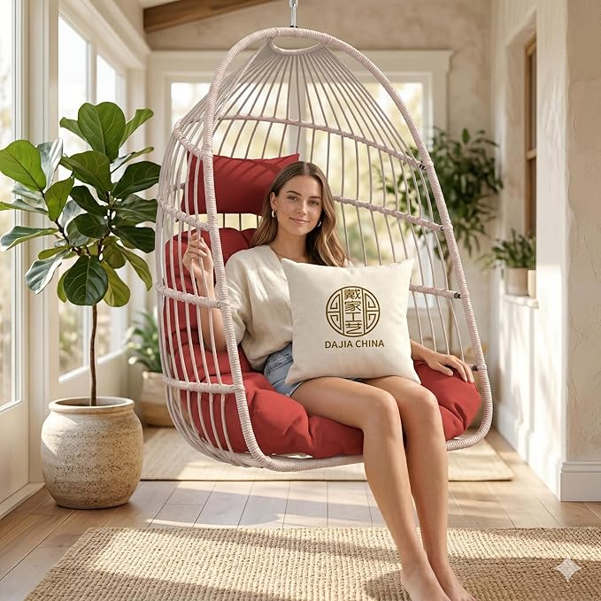 Hanging Egg Chair with Pillow HDPE Rattan Foldable Swing Chair with Aluminum Frame &amp UV Resistant Cushion Hammock Egg Basket Without Stand for Indoor Outdoor 350Lbs Capacity (Red Cushion)