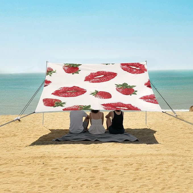 ALAZA Red Lips Strawberry Pattern Beach Tent Sun Shelter Portable Canopy Sunshade for Outdoor Camping Picnics Backyard Fun 10x9 ft
