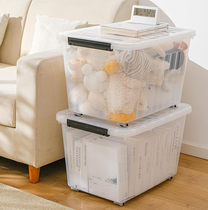 Cetomo Lidded Storage Bin Stackable Storage Box Organizing Container with Lid and Snap Lock Durable Plastic Clear 60 quart Pack of 6