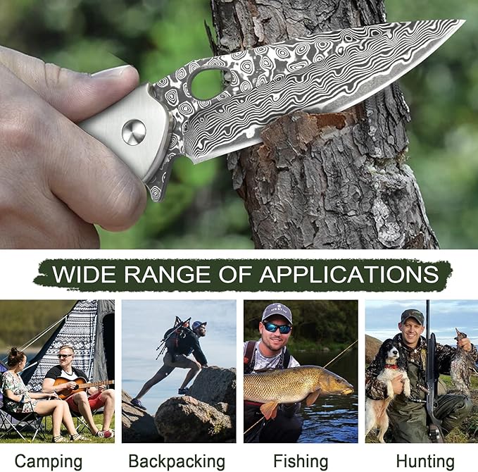 KOMWERO Damascus Pocket Knife for Men VG10 Core Damascus Steel Folding Knife with Wood Handle Ball Bearing Thumb Hole Liner Lock Sheath for EDC Outdoor Survival Hunting
