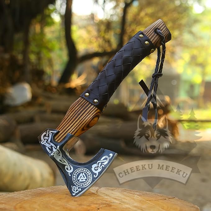 Custom Handmade Carbon Steel Real Viking Axe HatchetCamping Axe Birthday Gift for him Leather Wrapped Handle and Leather Sheath ((FM 24))