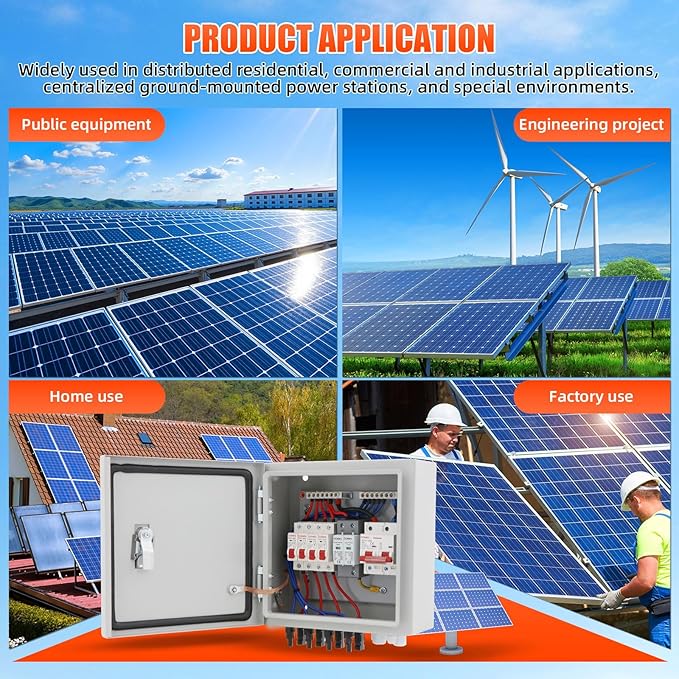 4 String Metal Solar Combiner Box IP65 Waterproof PV Combiner Box with 20A Rated Current Fuse 63A Air Circuit BreakerLightning Arrester for On/Off Grid Solar Panel System