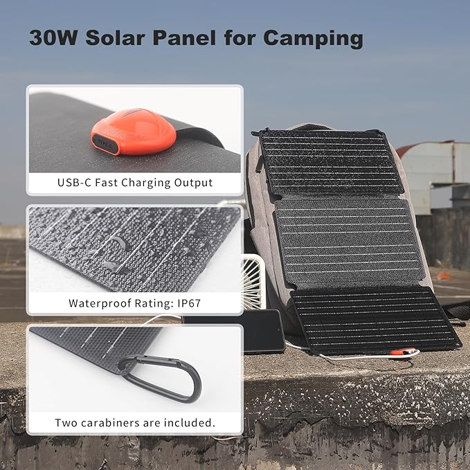 EYONGPV 30W Portable Foldable Solar Panel &amp Solar Charger with Croc-Eye USB-C PD Fast Charging Output IP67 Waterproof Compact Solar Charger for Phones Power Banks Camping Hiking Backpacking