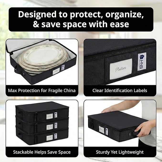 Platter Storage Containers - Hard Shell Protection for Fine China Sturdy Dish Organizer with Dividers for Seasonal Storage Moving &amp More - Protects up to 4 Platters (Black)