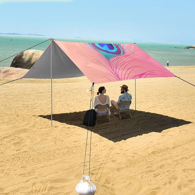 ALAZA Pink Peacock Feather Beach Tent Sun Shelter Portable Canopy Sunshade for Outdoor Camping Picnics Backyard Fun 10x9 ft