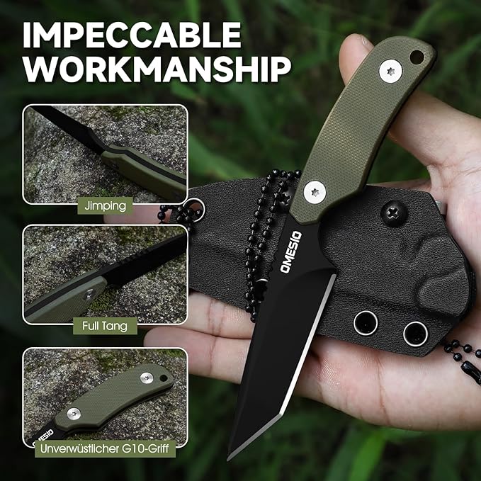 Omesio Tanto Neck Knife Small Fixed Blade with Kydex Sheath and Clip Full Tang 6 Neck Knife with Sheath and Necklace Mini Tactical EDC Knife D2 Steel G10 Handle (Black + Green)
