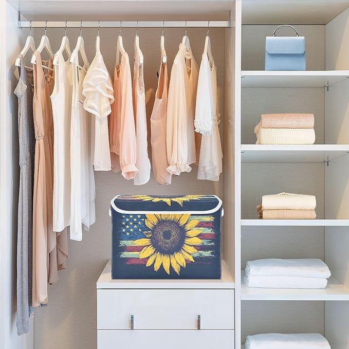Sunflower America Storage Cube Bins Basket with Lid Collapsible Flip-top Fabric with Handle for Home Bedroom Closet Office 16.5×12.6×11.8 in