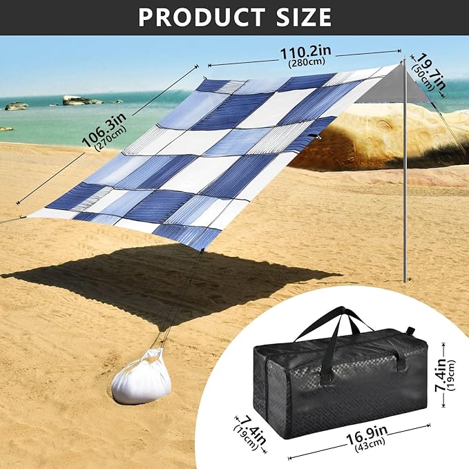 Cornflowerblue Checked Hand-Drawn Sketch Stable Beach Tent UPF50 Lightweight Portable Sun Shelter with Sandbags Sand Shovel Poles for Backyard and Camping