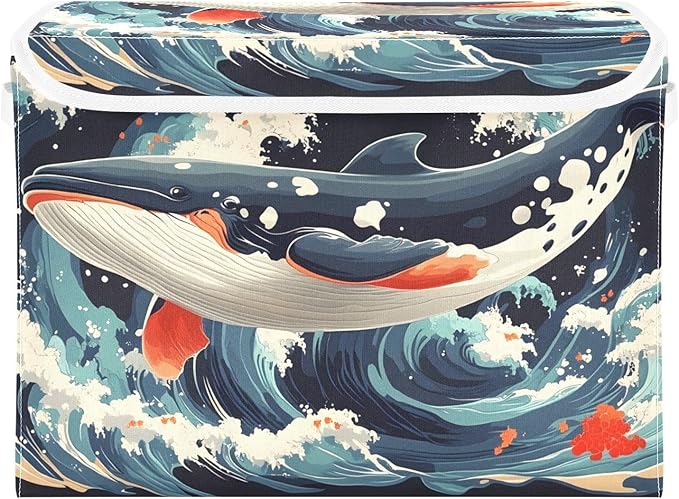 Storage Cube with Lid Japanese Whale Print 16.5×12.6×11.8 IN 1 Pack Collapsible Large Capacity Foldable Storage Basket Bin Organizer