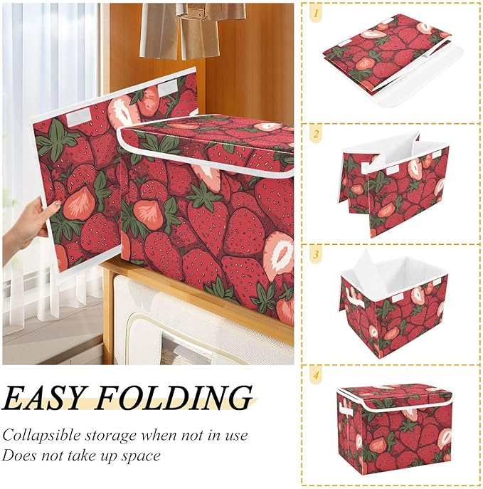 Storage Bins with Lids Storage Containers Box Organizer Bin Basket with Handles for Closet Shelves Clothes Stackable Foldable Decorative Cartoon Red Strawberry
