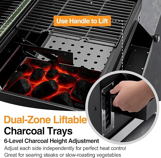 Built-in Charcoal Grill Large BBQ Grills with Liftable Tray Insulated Hood &amp Temp Gauge Black Stainless Steel Barrel Grill for Outdoor Kitchen Family BBQ Parties &amp Patio Use