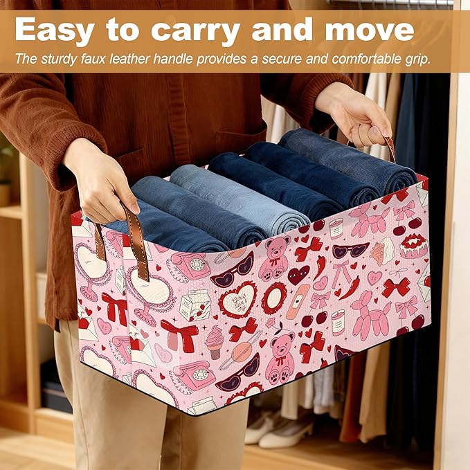 Storage Bin with Handles Pink Bowknot Collapsible Laundry Baskets for Books Laundry - Use in Nursery Closet Organizers and Storage Blanket Basket