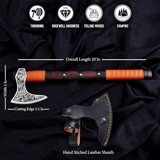 Hand-Forged Engraved Viking Axe of Ragnar Lothbrok Hunting Axe Handmade Camping Axes Hatchet-Norse Axe Tomahawk Vikings Bearded Axes with Leather-Wrapped Handle &amp Sheath (AXE-12)