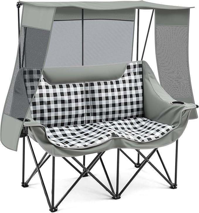 Teenyyou Double Camping Chair with Canopy Shade 660lbs Heavy Duty Beach Chair Portable Folding 2 Person Camping Loveseat with Cup Holder and Storage Bag for Lawn Beach Outdoor Sport(Grey Plaid)
