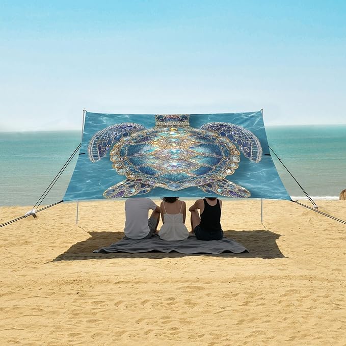 ALAZA Jewel Turtle Boho Beach Tent Sun Shelter UPF50+ Protection Beach Shade Canopy w/ 4 Sandbags for Outdoor Camping Fishing Backyard Fun Picnic 10x9 ft