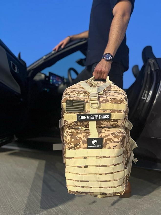 AMERICANPHOENIX 45L Elite Tactical Backpack | 3X Stronger Work &amp Military Backpack | Water Resistant and Heavy Duty | 3 Day MOLLE Bug Out Bag (Sand Storm)