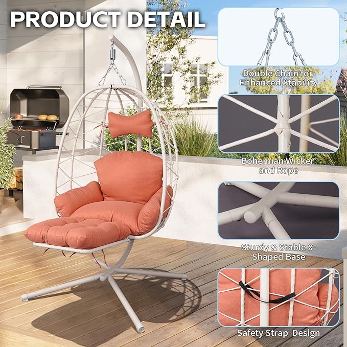 Hanging Egg Chair with Stand Outdoor Indoor Patio Rattan Swing Hammock Chairs with Washable Cushion PE Wicker Swing Chair for Backyard Bedroom Garden (White + Orange Red Cushion with Footrest)