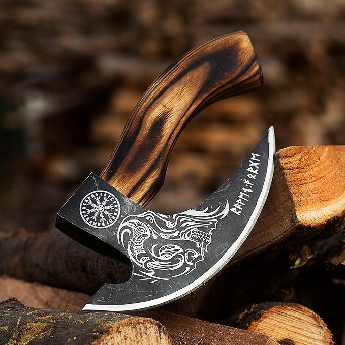 SHINY CRAFTS® Viking Pizza Cutter Axe – Carbon Steel Blade with Black Etching &amp Sheath – Authentic Medieval Gift for Him Norse Style Decorative Axe (VBA-29)