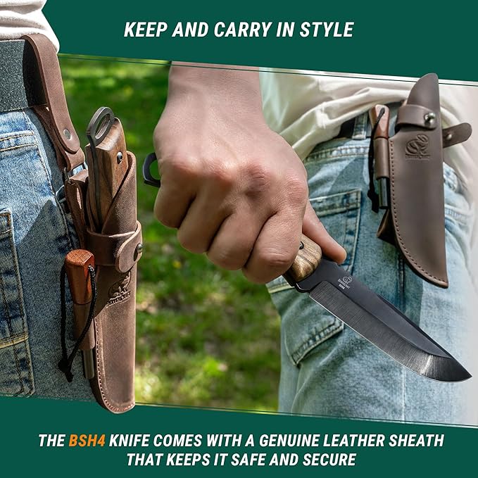 BeaverCraft BSH4F Bushcraft Knife BSH1 Dune Bushcraft Knife Fixed Blade with Leather Sheath