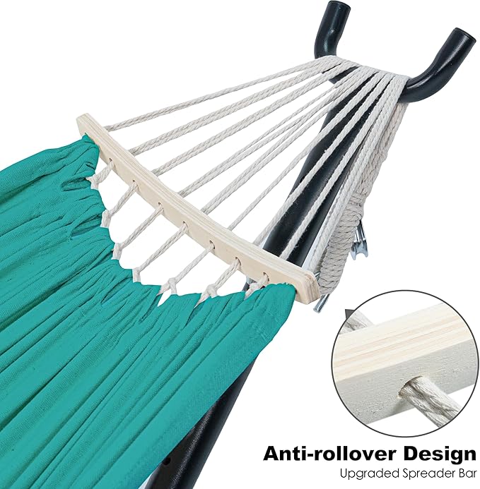 Gafete Double Hammock with Stand for Outside Upgraded Spreader Bar Heavy Duty Space Saving Steel Stand 2 Person Side Pockets Easy Assembly 600lbs Weight Capacity Indoor &amp Outdoor (Aqua Blue)