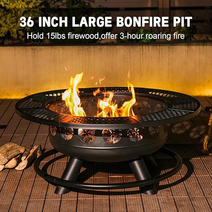 36 Inch Fire Pit with 2 Cooking GrillsOutdoor Wood Burning BBQ Firepit with Lid 3-in-1 Outdoor Fire Pit for Backyard Deck Bonfire Patio Picnic(Black)