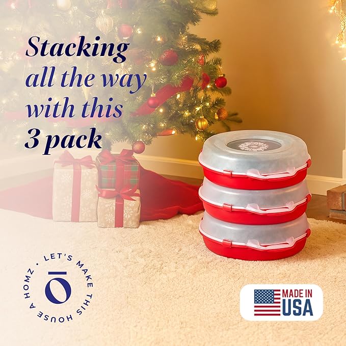 HOMZ 3-Pack 24 Inch Seasonal Holiday Clear Plastic Wreath Storage Containers Red – Stackable Decoration Organizer Bins with Lids and Handles for Christmas Wreaths and Garlands