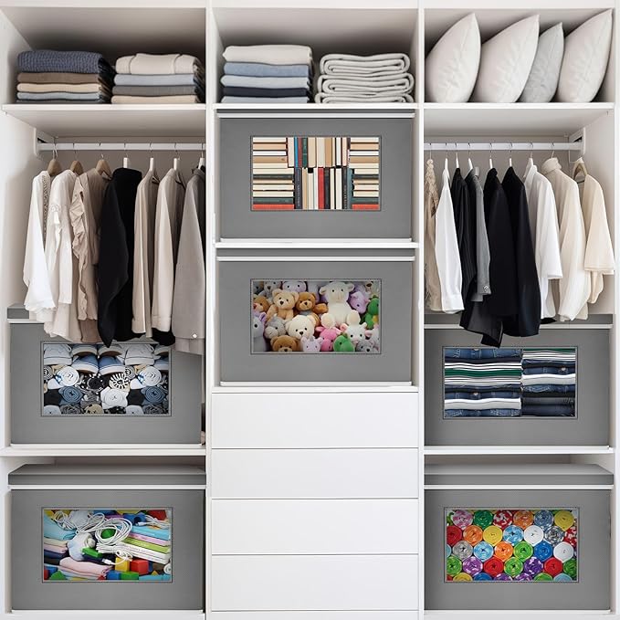 Threehoney 10 Pcs Fabric Storage Cubes with Lids and Clear Windows 17x12 Inch Foldable Closet Organizer Bins Aesthetic Dark Gray Storage Bins for Shelves Dorm Essentials Craft &amp Office Organizatio