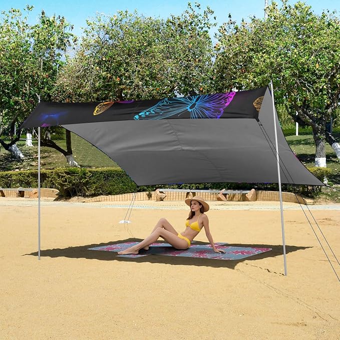 ALAZA Colorful Neon Butterfly Pattern Beach Tent Sun Shelter Portable Canopy Sunshade for Outdoor Camping Picnics Backyard Fun 10x9 ft