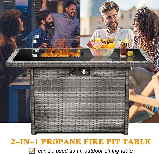 LayinSun 44 Propane Gas Fire Pit Table 55000 BTU Rectangular Fire Pit with Glass Wind Guard for Outside Patio Deck Garden Backyard