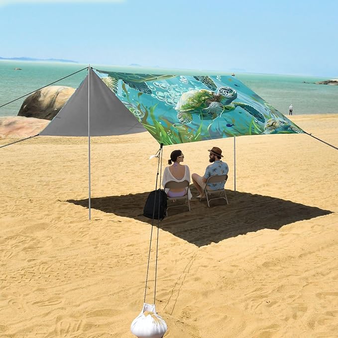 ALAZA Two Sea Turtles Seaweed Bubbles Beach Tent Sun Shelter Portable Canopy Sunshade for Outdoor Camping Picnics Backyard Fun 10x9 ft