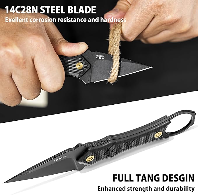 LOTHAR PORCUPINE Small Fixed Blade Knife 2.46 14C28N Neck Knife EDC Knife with G10 Handle and Kydex Sheath Knife Necklace Horizontal Carry Knife Survival Knife Gifts for Men Women (black)