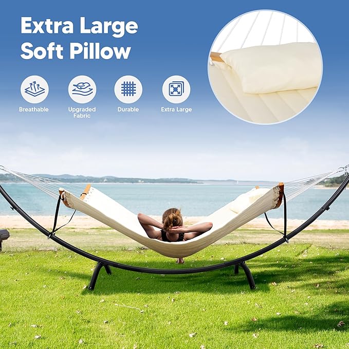 SUNCREAT Hammocks for Outside with Stand Porch Hammock and Stand 475 lbs Capacity Patent Pending Beige