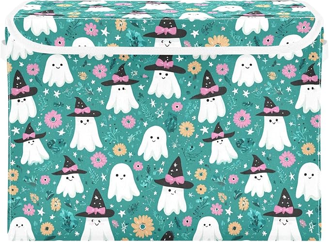 Halloween Ghosties Stars Flowers Teal Storage Box with Lid 1 PC Foldable Storage Bin with Lids Stackable Storage Bins Cube Closet Organizer Basket with Flip-Top Lid &amp Handles for Shoes Books Towel