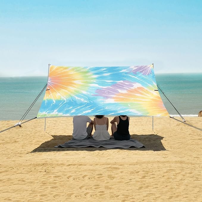 Turquoise Tie Dye Background Rainbow Colors Beach Tent UPF50+ Lightweight Portable Sun Shelter with Sandbags and Shovel for Camping Fishing Backyard Fun