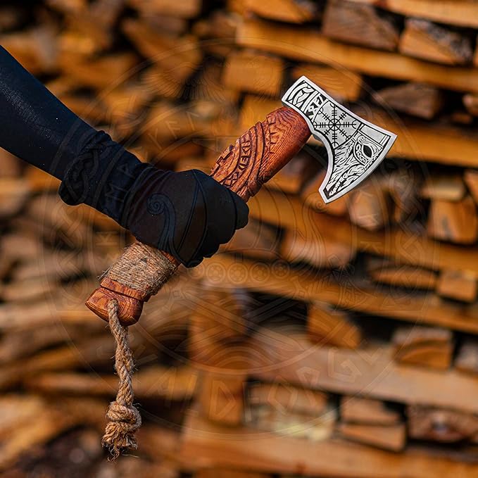 Hand Forged Viking Bearded Axe with Leather Sheath – Carbon Steel Blade Rosewood Handle – 13 Inch Nordic Axe Handmade Collectible for Him