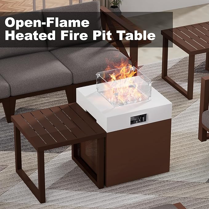 22 Aluminum Propane Fire Pit Table 37000 BTU Outdoor Gas Firepit with Lid Glass Wind Guard Waterproof Cover &amp Glass Stones for Patio Deck Garden 3-in-1 Tabletop Design Brown
