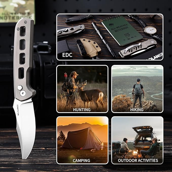 Small EDC Pocket Knife for Men &amp Women - 3 Trailing Point D2 Blade Titanium Handle with Button Lock &amp Pocket Clip | Small Slim Cool Folding Knife for Daily Carry Camping Hiking &amp Outdoo