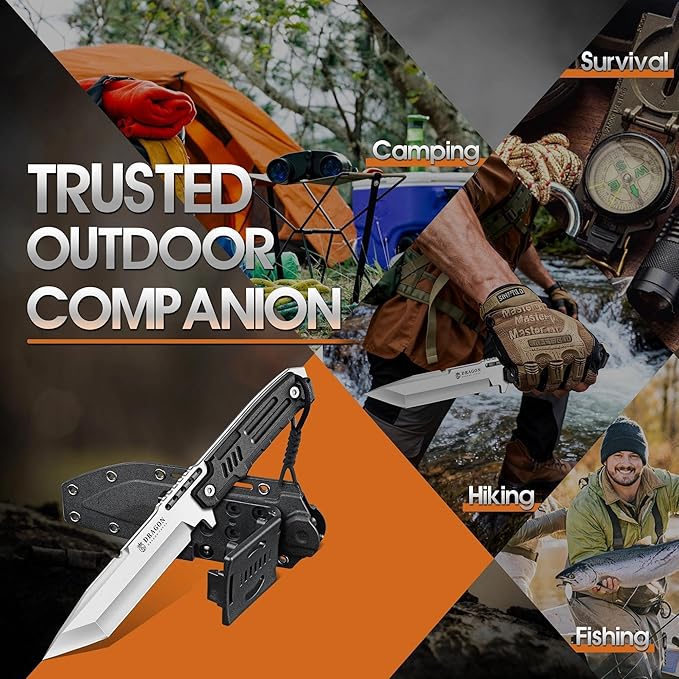 Dragon Creek Fixed Blade Knife - Outdoor Survival Knife for Camping Hiking Gift Men Silver