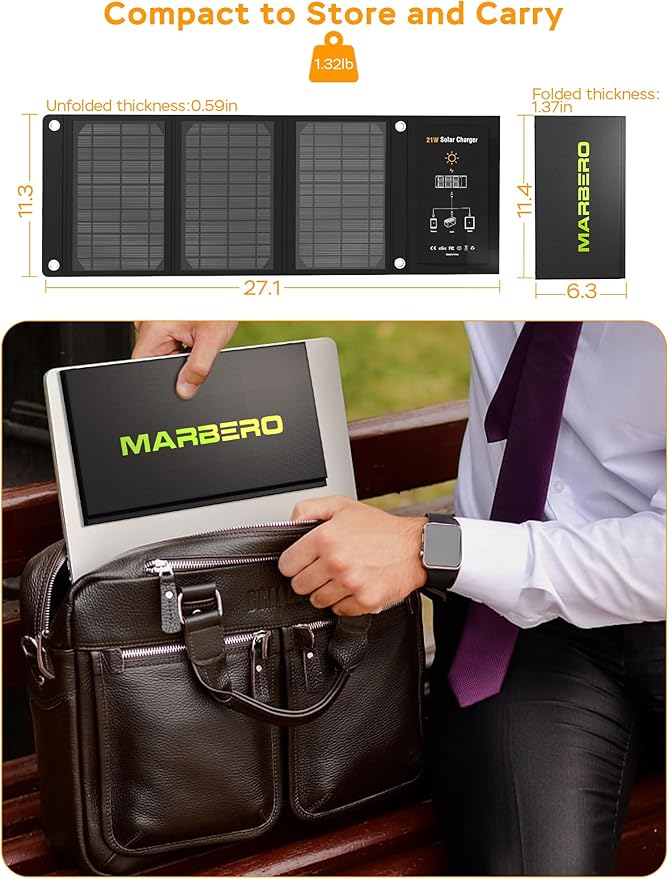 MARBERO 21W Portable Solar Panel Foldable Solar Panel Charger IP65 Waterproof Solar Panels 23% High Efficiency Fast Charger USB Ports &amp DC 18V Output for Camping Outdoor Travel Emergency Cloudy